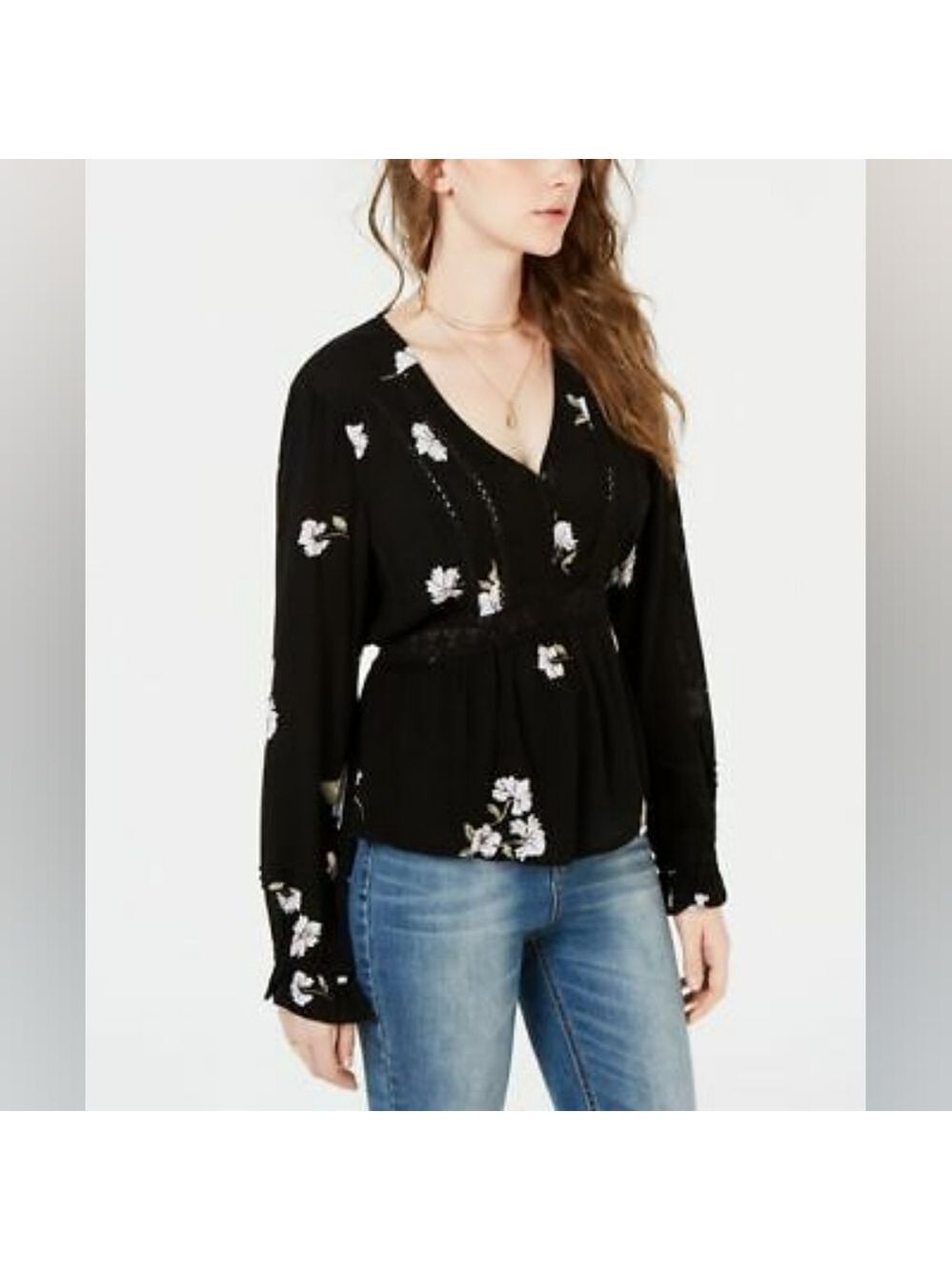 American Rag Boho Black Flower Tie Back V-neck Shirt Medium